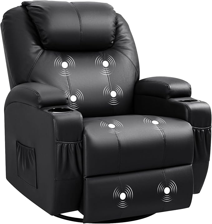 Recliner Chair 360° Swivel Rocker Chair for Adults Rocking Recliner Chair with Massage Comfy Single Sofa with Side Pockets Cup Holders for Living Room Bedroom Nursery (Leather Black)
