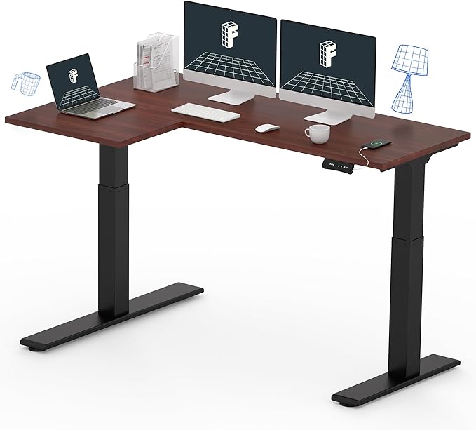 FLEXISPOT 63 inch L-Shaped Standing Desk Electric Height Adjustable Desk Sit Stand Large Corner Desk Memory Preset Controller Modern Design Black Frame + Mahogany Top