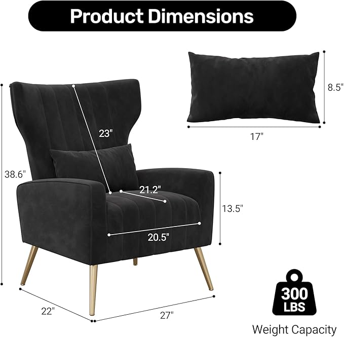 Black Velvet Accent Chair Set of 2 Wingback Chair for Living Room High Back Arm Chair with Golden Legs Lumbar Pillow Upholstered Single Sofa Bedroom