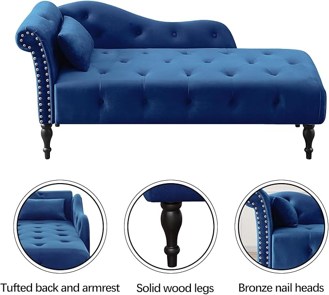 60 Modern Velvet Chaise Lounge IndoorUpholstered Lounge Chair with Left Armrest and Lumbar Pillow Button Tufted Lounge Sofa for Living Room Bedroom OfficeMini Chaise Longue Sofa (Blue)