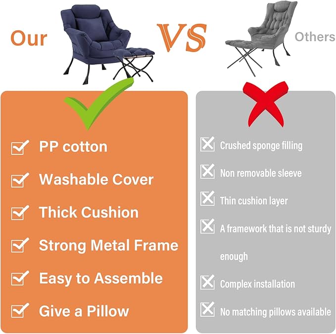 Lazy Chair with Ottoman Large Accent Chair with Ottoman and a Throw Pillow Navy Reading Chair for Living Room Bedroom Dorm Room Office Apartment Relaxing Use
