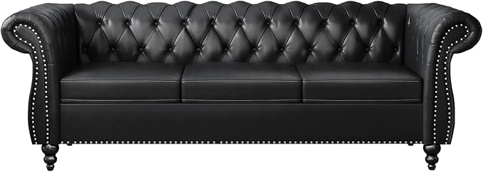PU 3 Seater Sofa Chesterfield Sofa Modern Tufted Couch 3 Seater Large Sofa with Scroll Arms and Nailhead for Living Room Black PU