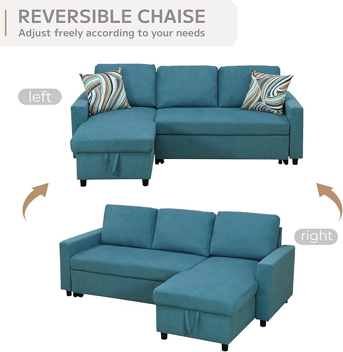L-Shaped Sleeper Sofa with Chaise Lounge &amp Storage Pull-Out Couch Bed with Recliner Full Size Futon for Living Room Office Apartment Teal