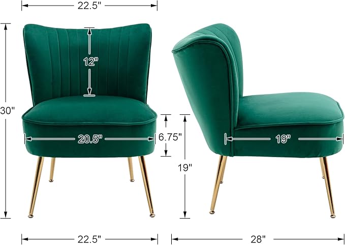 Cimota Velvet Accent Chairs Set of 2 Modern Armless Slipper Wingback Single Sofa Side Comfy Corner Chair with Golden Legs for Living Room Bedroom Green