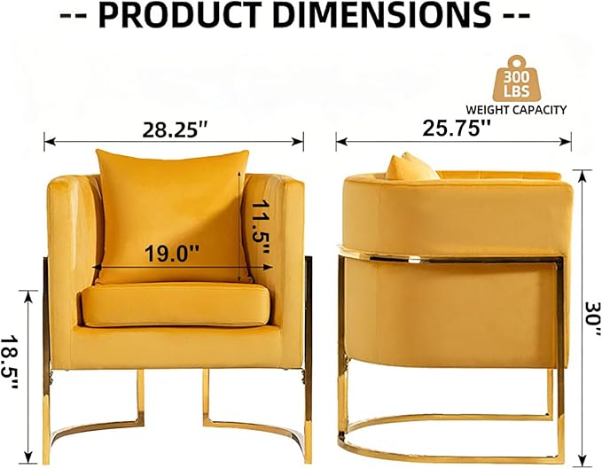 X-VOLSPORT Velvet Accent Chairs Set of 2 Contemporary Barrel Armchairs Living Room Bedroom Club Chair Set with Pillow Channel Tufted Gold Finish Base Yellow