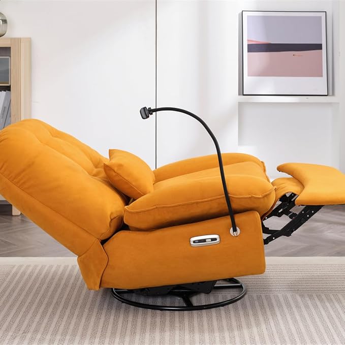 Power Recliner Sofa Chair 270 Degree Swivel Leisure Single Sofa with Button Control Wireless Speaker USB Ports Hidden Arm Storage Phone Holder for Living Room Orange Fabric (Without LED)