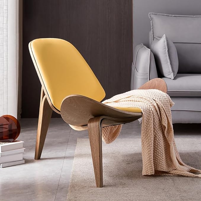homary Leather Walnut Tripod Accent Chair High Back Lounge Chair with Soft Faux Leather Seat Sturdy Wood Frame for Living Room Bedroom (Black &amp Yellow)