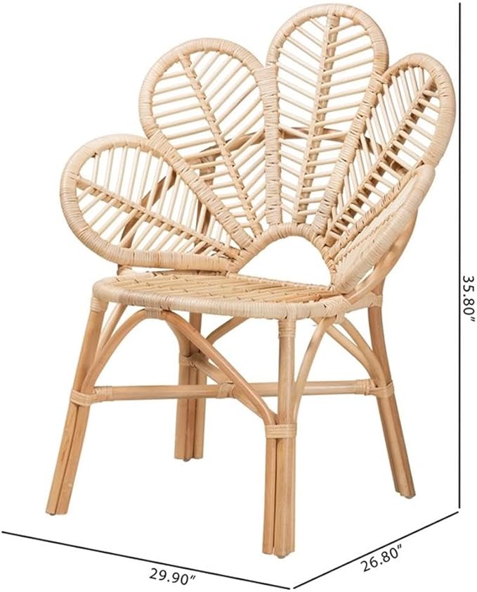 BOWERY HILL Modern Bohemian Accent Chair Natural Brown Rattan Flora-Inspired Backrest Openwork Design 29.90 W x 26.80 D x 35.80 H Angled Legs Crisscross Base for Living Room or Lounge
