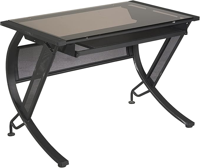 OSP Home Furnishings Horizon Computer Desk with Pull-Out Keyboard Tray Tempered Glass Top and Steel Frame Black