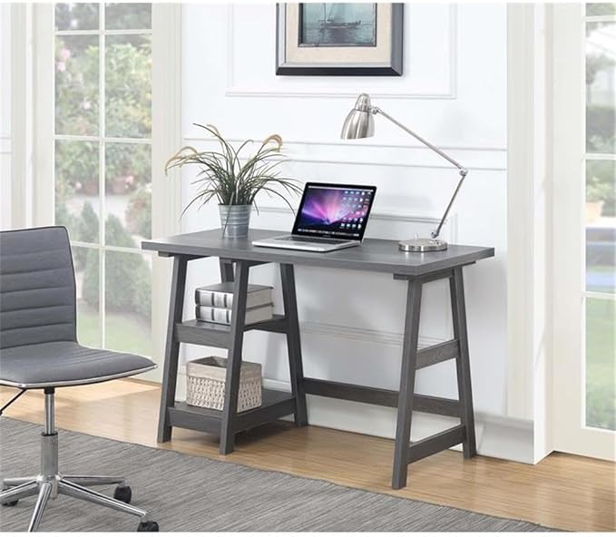 Convenience Concepts Designs2Go Trestle Desk 47 - Modern Desk or Vanity with Shelves for Office Dorm Living Room Charcoal Gray