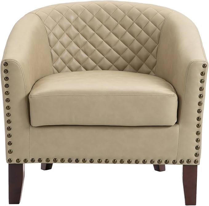 UIXE Faux Leather Accent Chair Barrel Club Chair Upholstered Armchair for Living Room Comfy Modern Round Arm Chair Bedroom Reading Seat - Beige