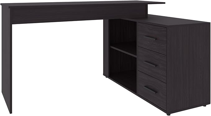 Tuhome Upton L-Shape Home Office Desk Modern Studio and Bedroom Study Table with Spacious Work Surface Built-in Shelves and Drawers for Storage Dark Wood Finish for Durability and Easy Maintenance