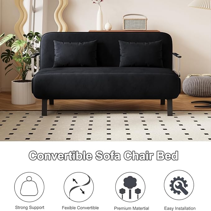 Convertible Queen Sleeper Chair Bed 55 Tri-Folding Sofa with 6 Adjustable Backrests Comfy Velvet Loveseat Sleeper Modern Futon Sofa Bed for Living RoomSmall SpaceOffice (Black)