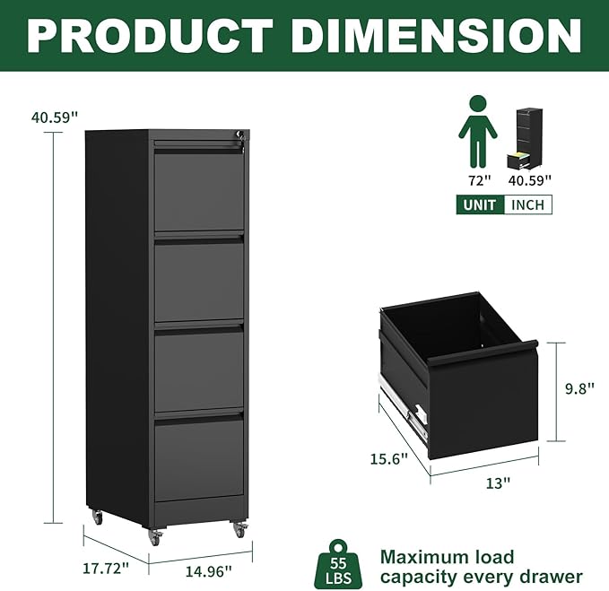 4 Drawer File Cabinet with Lock Metal Mobile Filing Cabinets Office Home Metal Vertical Storage Cabinet for A4 Legal/Letter Size LockedAssembly Required (Black 4 Drawer)