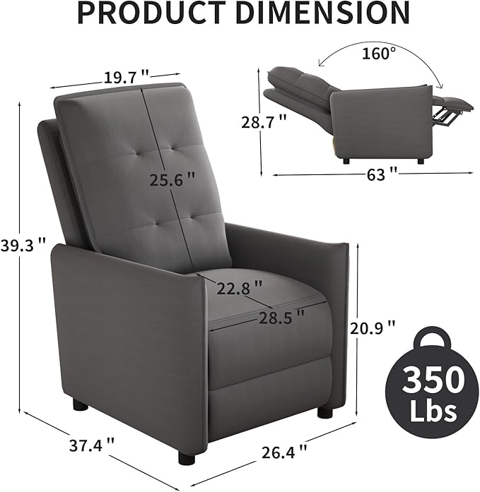 Manual Recliner Chair for Adult Velvet Reclining Chair with Chunky Cushion for Small Space Comfortable Reclining Sofa for Living Room Bedroom Home Theater Easy Assembly (Dark Gray)