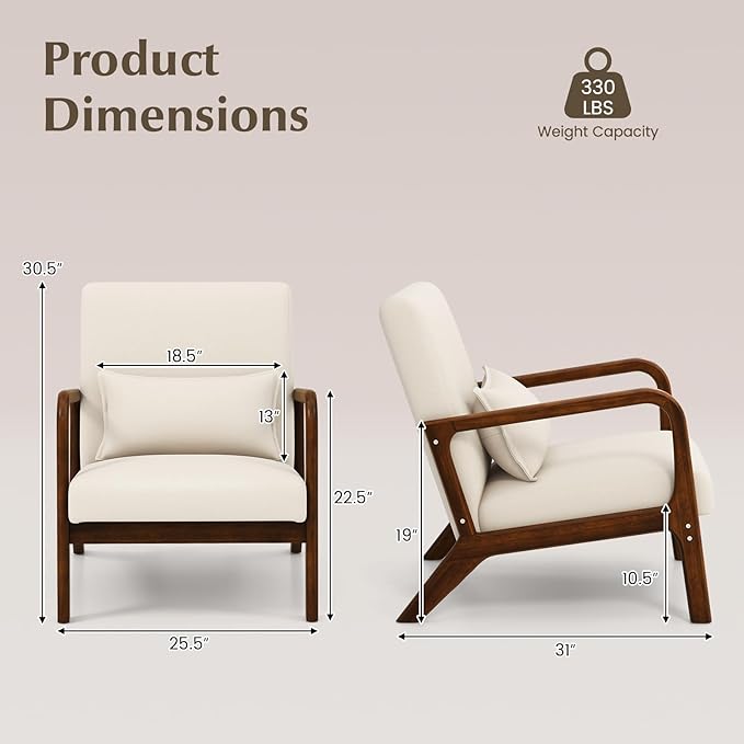 KOMFOTT Mid-Century Modern Accent Chair Indoor Living Room Leisure Chair with Cushioned Seat &amp Back Upholstered Armchair with Rubber Wood Frame &amp Lumbar Pillow Lounge Chair for Bedroom Bei