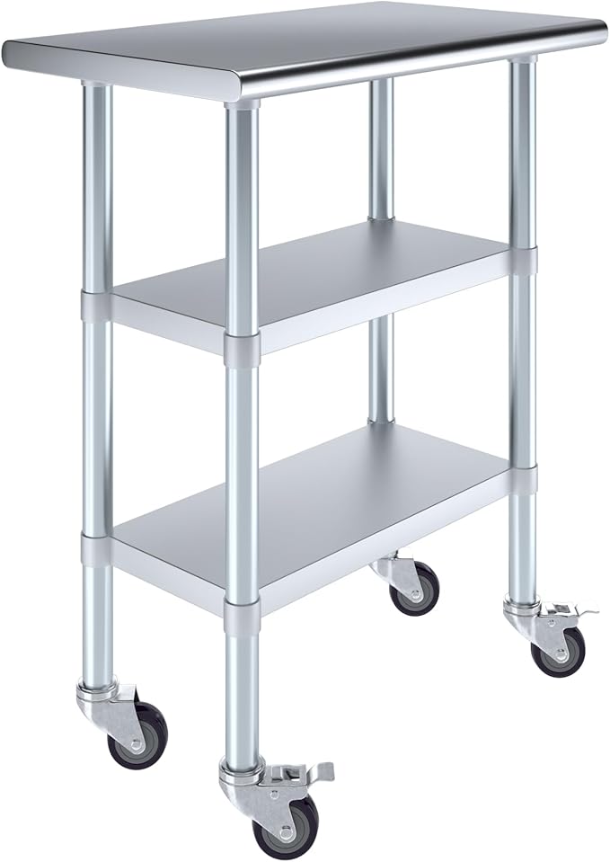 AmGood Stainless Steel Work Table with 2 Shelves and Casters | Metal Utility Table On Wheels (Stainless Steel Work Table with 2 Shelves + Casters 30 Long x 18 Deep)