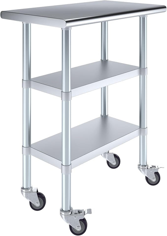 AmGood Stainless Steel Work Table with 2 Shelves and Casters | Metal Utility Table On Wheels (Stainless Steel Work Table with 2 Shelves + Casters 30 Long x 18 Deep)
