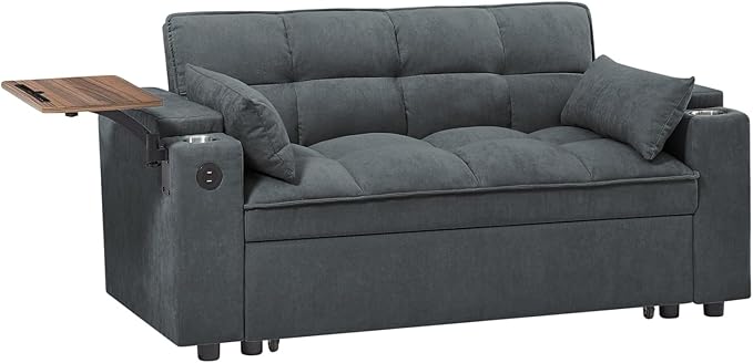 65''Convertible Sleeper Sofa Bed3-in-1 Pull Out Couch Bed with 360 Degree rotatable Side Table and USB Ports for Living RoomRV (07Dark Grey)