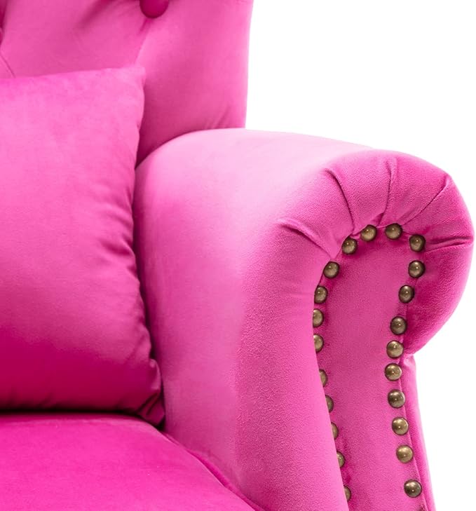 Kmax Velvet Tufted Accent Chair Mid Century Throne Chair Comfy Sofa Chair Padded Seating WingBack Unique Wood Legs Home Club Bedroom Living Room Rose