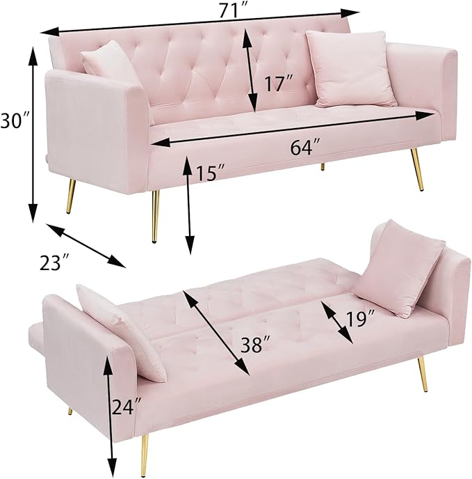 71 Modern Velvet Sofa Bed Futon Convertible Sleeper Couch with Adjustable Backrest Tufted Recliner Loveseat with Golden Chrome Legs &amp 2 Pillows for Small Spaces Living Room Apartment (Pink)