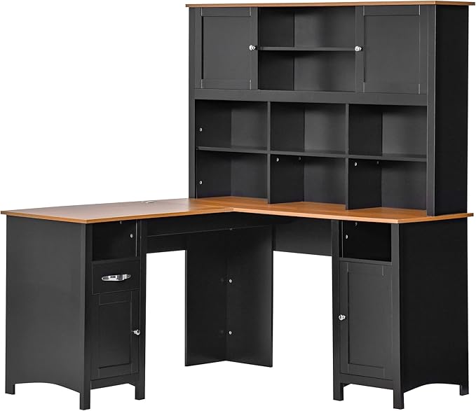 HOMCOM L Shaped Computer Desk with Hutch 59 Corner Desk Space Saving Home Office Desk with Storage Shelves Drawer and Cabinet Black