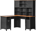 HOMCOM L Shaped Computer Desk with Hutch 59 Corner Desk Space Saving Home Office Desk with Storage Shelves Drawer and Cabinet Black