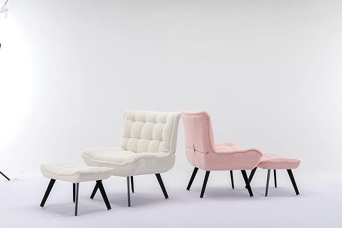 Modern Soft Teddy Fabric Material Large Width Accent Chair Leisure Chair Armchair TV Chair Bedroom Chair with Ottoman Black Legs for Indoor Home and Living RoomPink