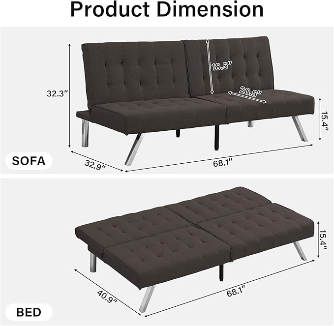 Convertible Sofa Bed Adjustable Couch Sleeper - Fabric Loveseat Futon Bed with Breathable Chenille Metal Legs and Adjustable Lounge - Perfect for Compact Living Space