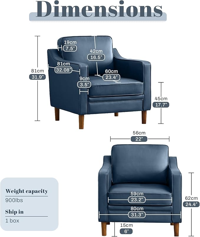 Kingfun Accent Chair Set of 2 Living Room Chairs Faux Leather Reading Armchair Mid Century with Solid Wood Foot Upholstered Modern Decor for Bedroom Apartment Blue