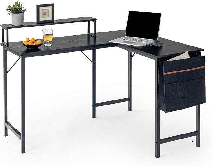 Homy Casa 48.8-Inch L-Shaped Computer Desk with Storage Bag and Desktop Rack – Durable Metal Frame Ample Storage Ideal for Home Office or Studio Use (Black)