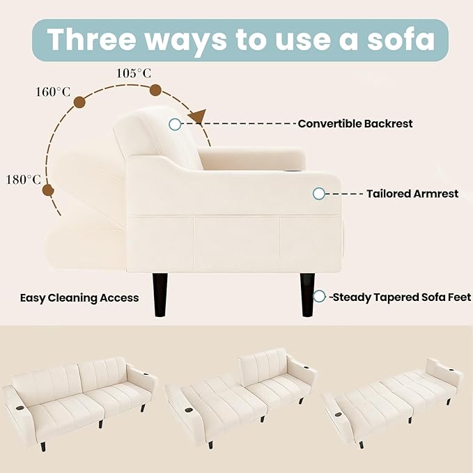 Brelice Futon Sofa Bed 80 Sleeper Loveseat Futon Couch with Cup Holders &amp Side Pockets Velvet Sofa Cama for Living Room and Small SpaceOff-White
