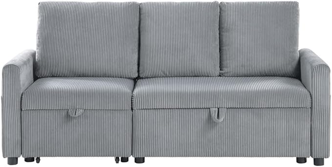 Lilola Home Oswin 70 W Gray Corduroy Fabric Sleeper Sofa with Pull-Out Chaise and Tufted Cushions – Modern Space-Saving Convertible Couch for Small Apartments or Guest Rooms