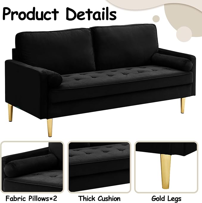 65 Loveseat Sofa with 2 Pillows Comfy Love Seat Cuches with Gold LegsVelvet Small Couchs for Living Room Bedroom Office ApartmentMid Century Modern Couch (Black)