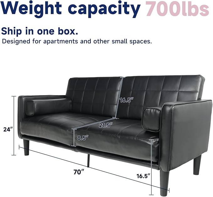 70” Mid-Century Modern Couch Breathable Faux Leather Couch with Upholstered Cushions/Pillows Loveseat Sofas &amp Couches for Living Room (Black)