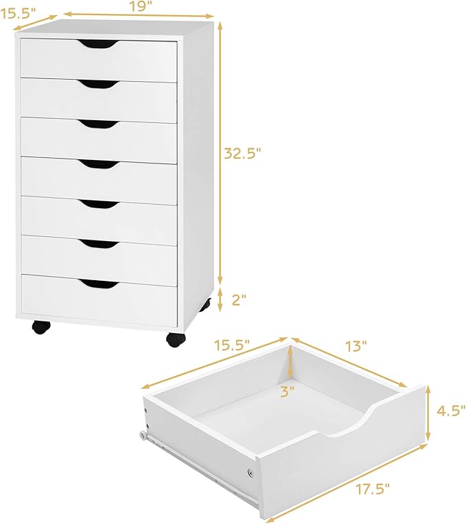 7 Drawers Filing Cabinet Vertical File Cabinet for Home Office Mobile Under Desk Office Storage Cabinets with Wheels (White 7 Drawers)