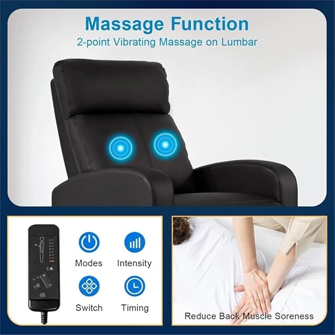 BOWERY HILL Modern Faux Leather Massage Recliner Chair Black Finish 8 Massage Functions Soft Padded Seat and Back Manual Push Back Comfortable Relaxation Living Room Seating Steel Frame
