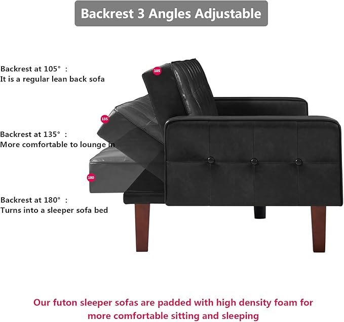 mikibama PU Faux Leather Futon Sofa Couch Upholstered Convertible Sleeper Sofa Bed Futons Modern Tufted 3 Seater Sofa Bed Couch for Living Room Apartment Small Spaces with Solid Wood Legs