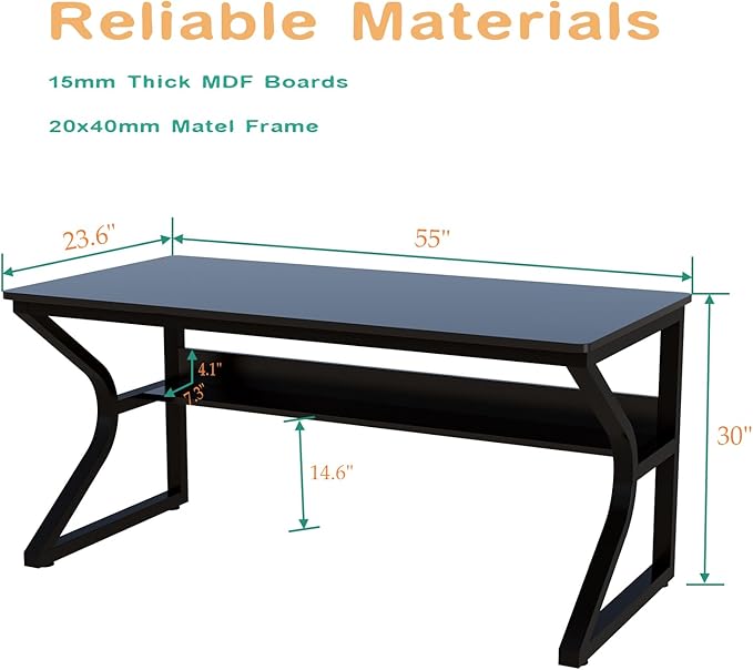 Extra Long Desk with Bookshelf - 55 Double Long Writing Table for 2-Person Workstation Modern Study Work Computer Desk for Home and Office Black