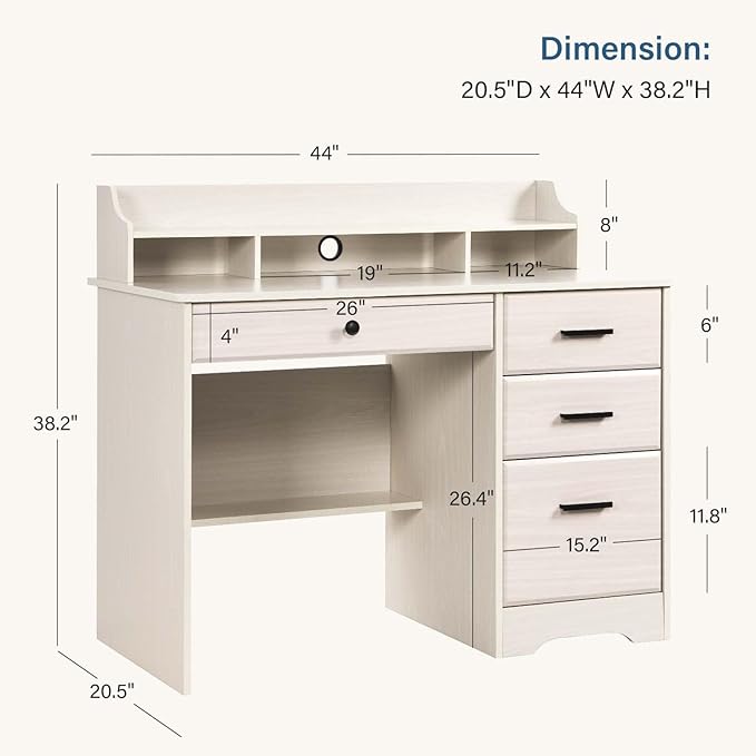 Small Desk with 4 Drawers Computer Desk with Storage &amp Monitor Stand for Small Space Office Desk with File Drawers &amp Shelve for Bedroom Wood Writing Desk with Hutch Milky White