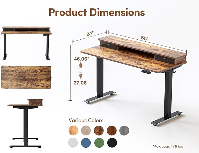 Cubiker 55 x 24 Electric Standing Desk with Double Storage Drawers Height Adjustable Home Office Computer Workstation 4 Adjustable Feet &amp 2 Hooks Rustic Brown