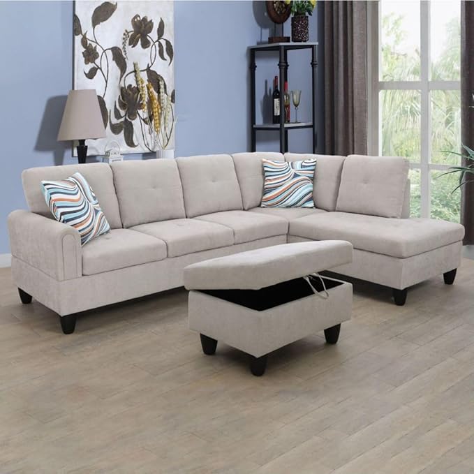 Grey White L-Shaped 3-Piece Flannel Sofa with Storage Ottoman Set Sectional Couch Sofa Set for Living Room Office Small Space