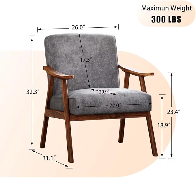 Mid Century Accent Chair Boho Farmhouse Accent Chairs for Living Room Retro Single Lounge Reading Armchair with Solid Wood Frame (Polyester Fabric in Grey)