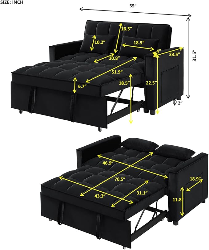 Sleeper Sofa Couch w/Pull Out Bed 55 Modern Velvet Convertible Sleeper Sofa Bed Small Love seat Sofa Bed with 2 Pillows &amp Side Pockets for Small Space Living Room Apartment Black