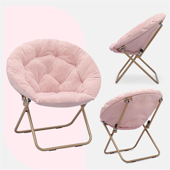 Round Saucer Chair for Teens and Adults Faux Fur Folding Living Room Cozy Moon Chair (Light Pink)