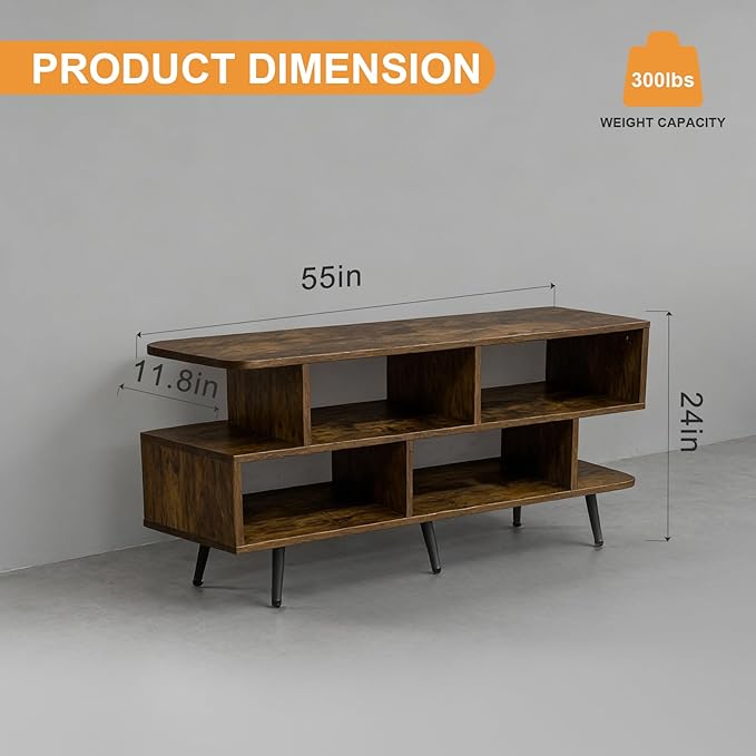 Lightdot 55 Inch TV Stand up to 65 Inch TVs Large Storage for Collection with 6 Open Shelves Sturdy Media Console Table for Living Room/Entrance/Kitchen/Sofa Cabinet Easy Assembly Amber