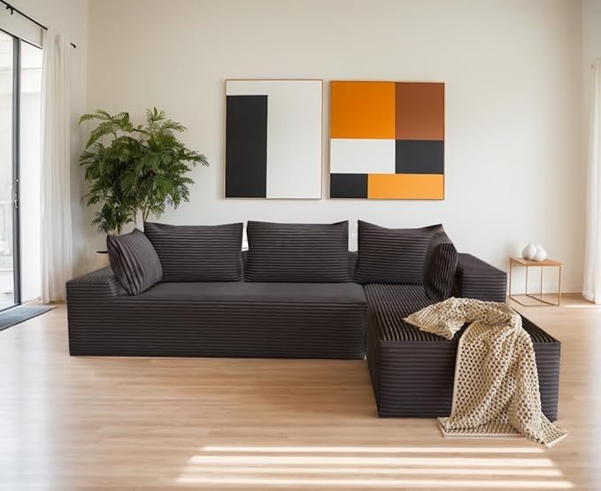 104” Cloud Sectional Couch with L-Shape Chaise Convertible Sofa with Deep Seat Modern Oversized Fluffy Couch with Sleeper Chaise Corduroy Sofas Bed Minimalist Sofa Couches(Black)