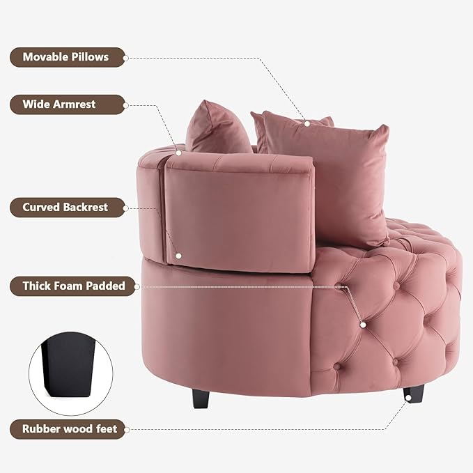 mikibama Oversized Accent Barrel Chair 40.6 W Velvet Upholstered Round Chair with Pillows Rubber Wood Legs Modern Lounge Reading Sofa Armchair for Living Room Bedroom