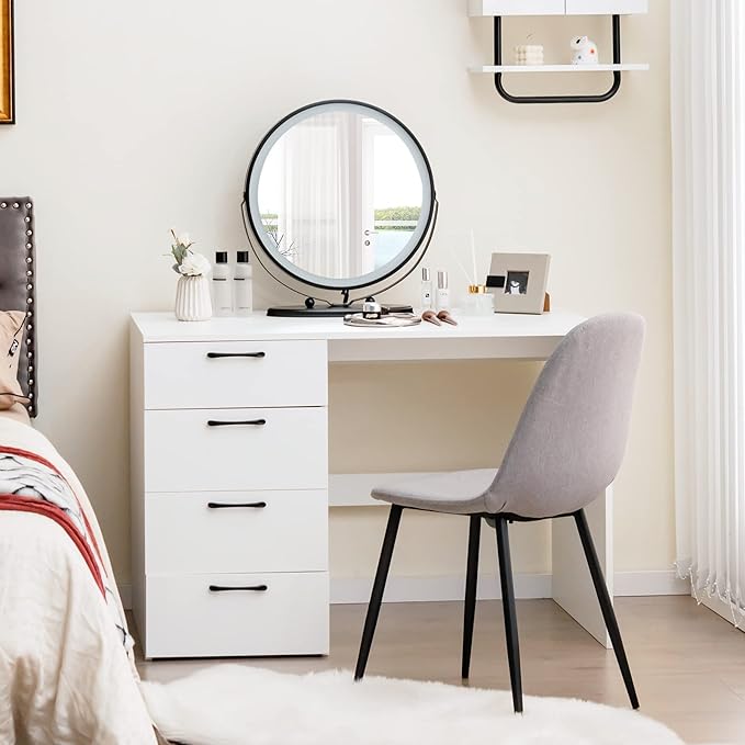 Tangkula White Desk with 4 Storage Drawers Home Office Writing Desk Modern Executive Desk Laptop PC Desk Vanity Makeup Table Computer Workstation for Bedroom Study Room Office