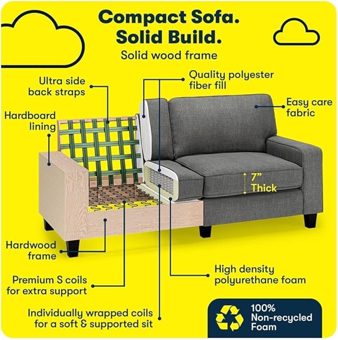 Pemberly Row Modern 73 Track Arm Sofa Removable Covers Polyester Upholstery Gray Finish Compact Design for Living Room or Home Office Solid Wood Frame High-Density Foam Cushions